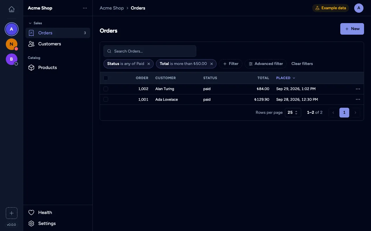 One Dashboard showing the orders of an example shop, filtered by status and total