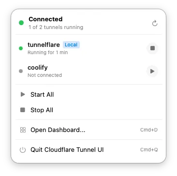 The Tunnelflare menu showing tunnel status in the macOS menu bar