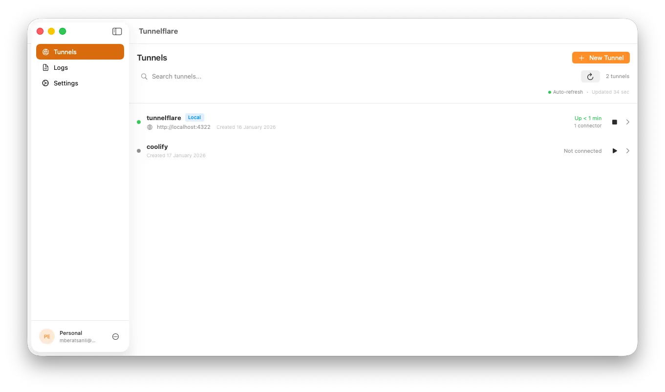 The Tunnelflare dashboard listing two tunnels